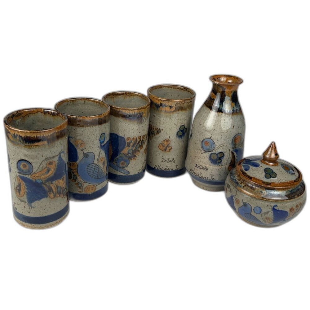 Vtg Tonala Mexican Pottery Set 6pc Ixtapa Zihuatanejo Blue Bird As-Is Decor